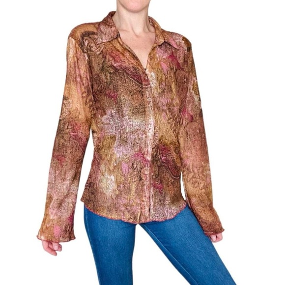 Vintage Y2K 20X Tan & Pink Paisley Sheer Lace Button Down Flare Sleeve Shirt - Picture 1 of 8